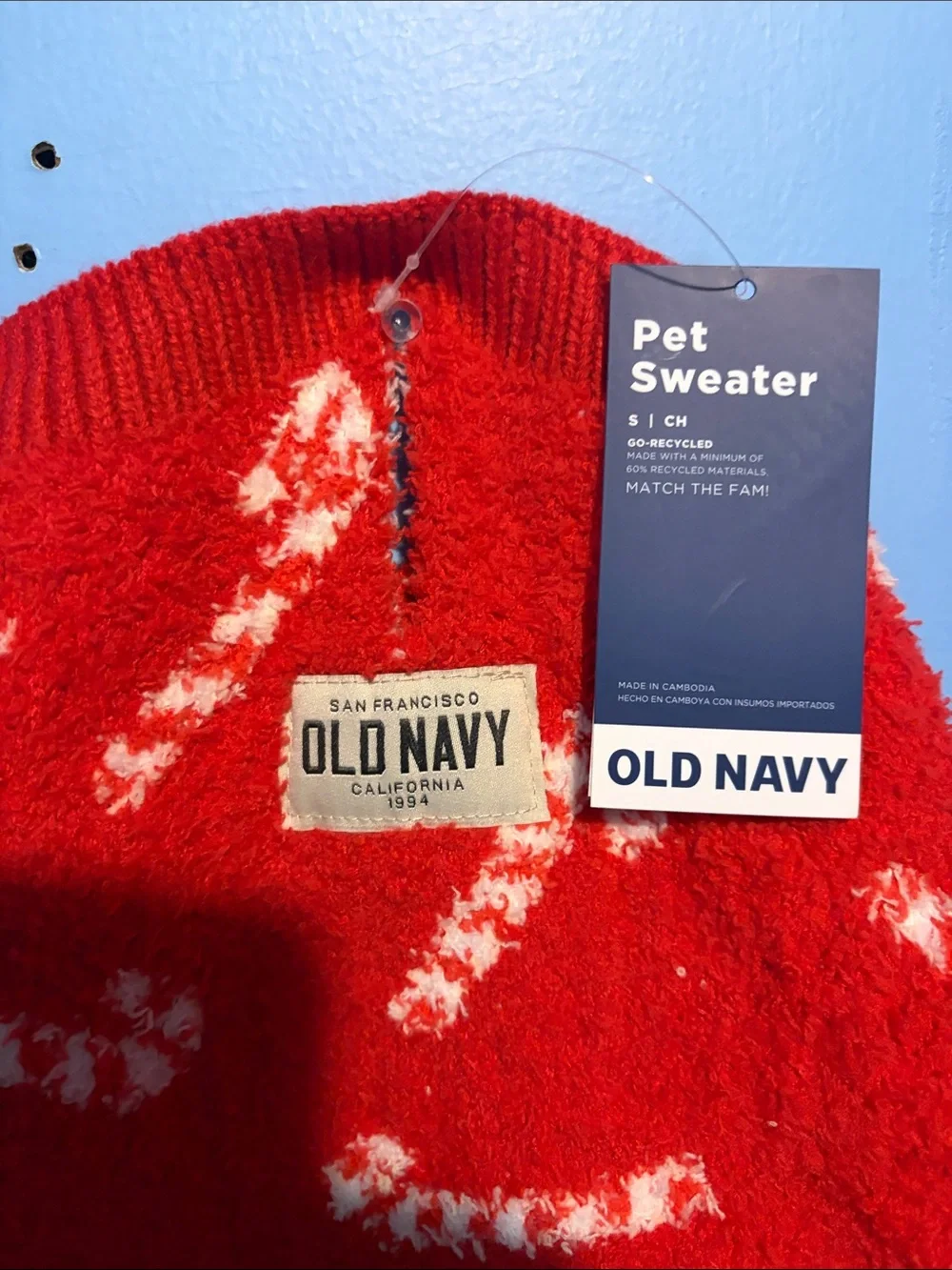 Old Navy Red Fuzzy Pet Sweater with White Candy Cane Pattern